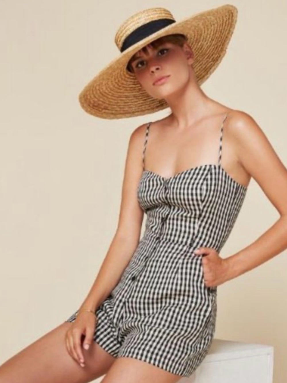 Reformation Black and White Gingham Strap Romper